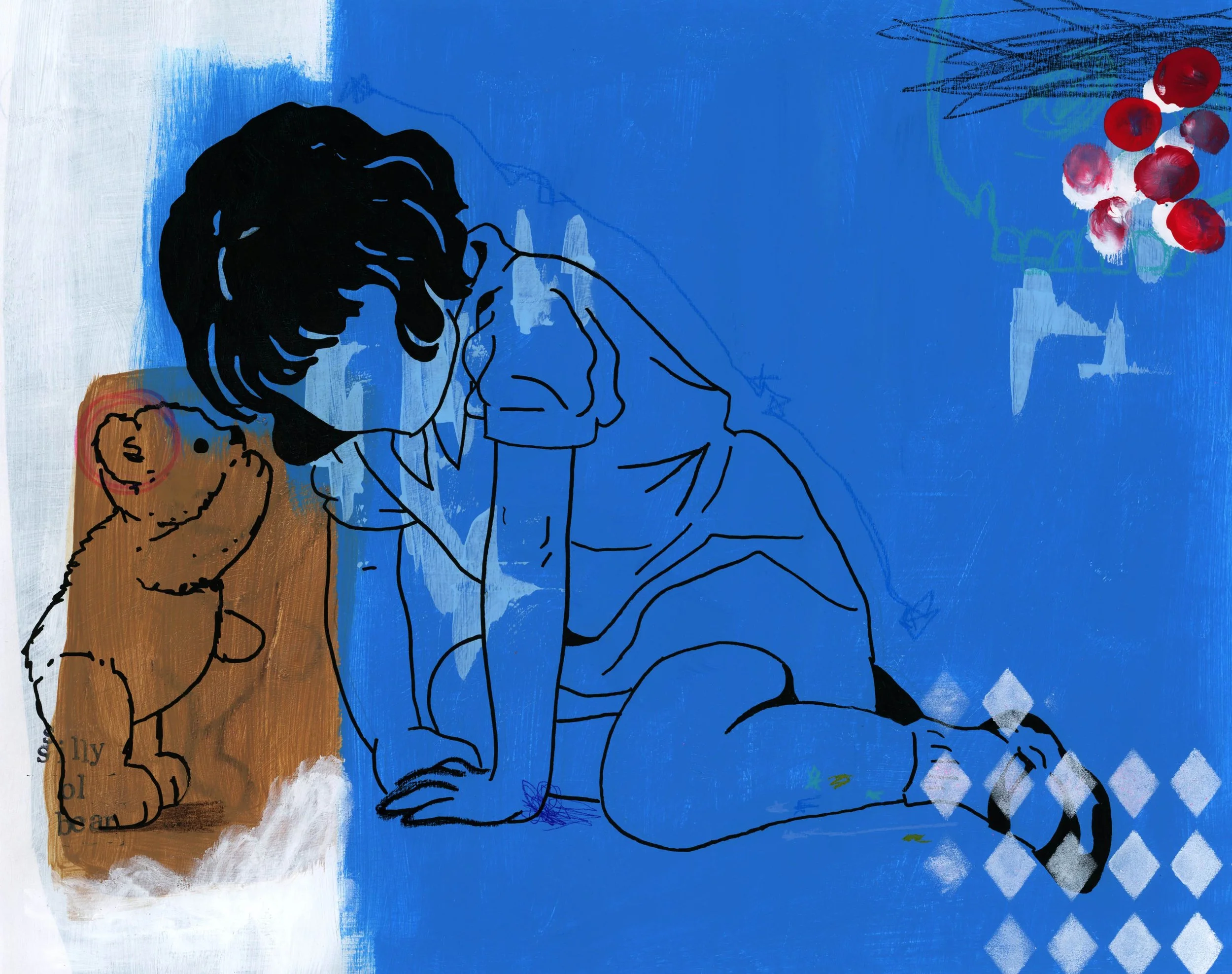 A mixed media artwork featuring abstract elements with a blue background. A Black outline of a little girl without a face bent over a  brown teddy bear whispering into her ear.