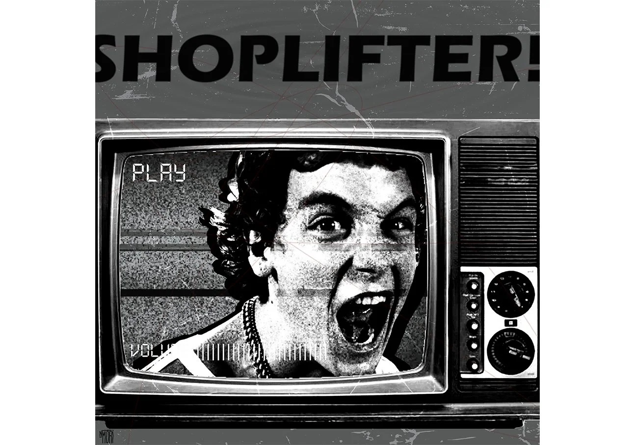 Black and white image of a vintage television screen displaying a man with short curly hair and an aggressive expression, with mouth open wide, showing teeth. The TV has dials on the right side and the word 'PLAY' is visible on the screen. The backgr