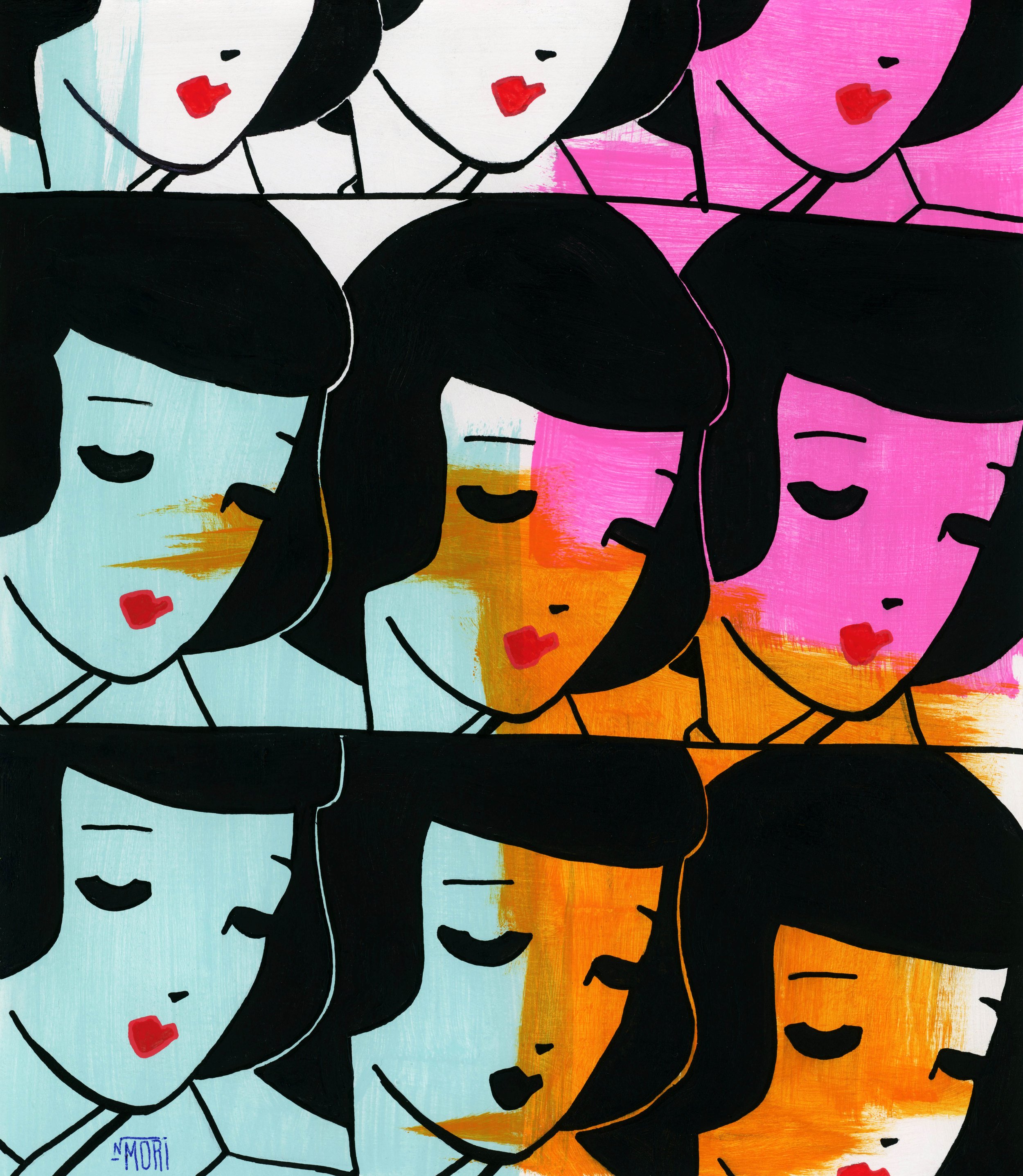 A colorful pop art style illustration featuring multiple women with black hair and red lips, each with different-colored backgrounds including pink, light blue, and orange. The women are smiling with eyes closed, and the painting has a contemporary, vibrant feel with bold black outlines.