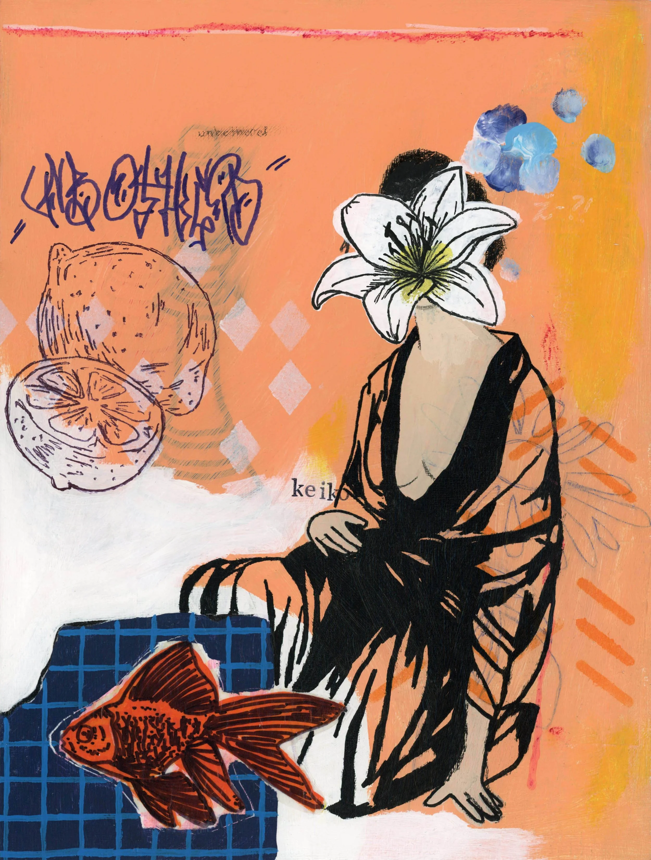 Artistic collage featuring Japanese woman with a large lily flower covering her face, a red fish, lemon slices, blue and purple cloud-like shapes, and handwritten text on a peach and orange background.