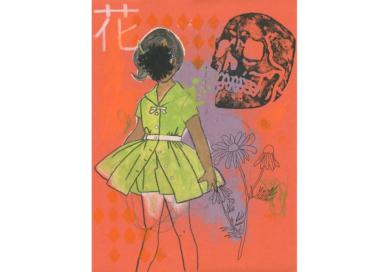 Childhood Little Girl Green Dress Flowers Mixed Media Original Artwork Painting Image.jpg