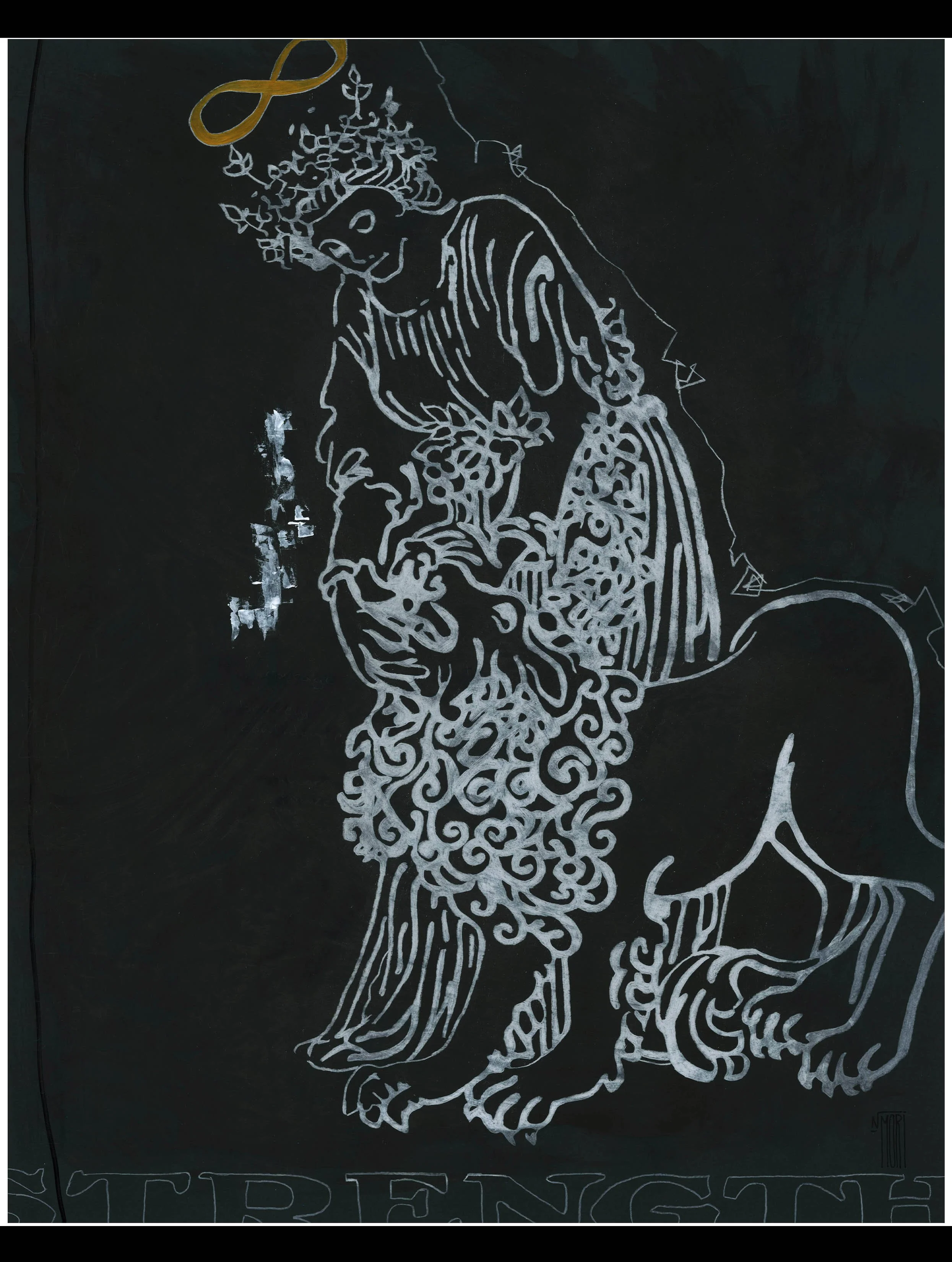 A white stylized version of the Strength Tarot card on a black background with a golden infinity symbol over the womans head