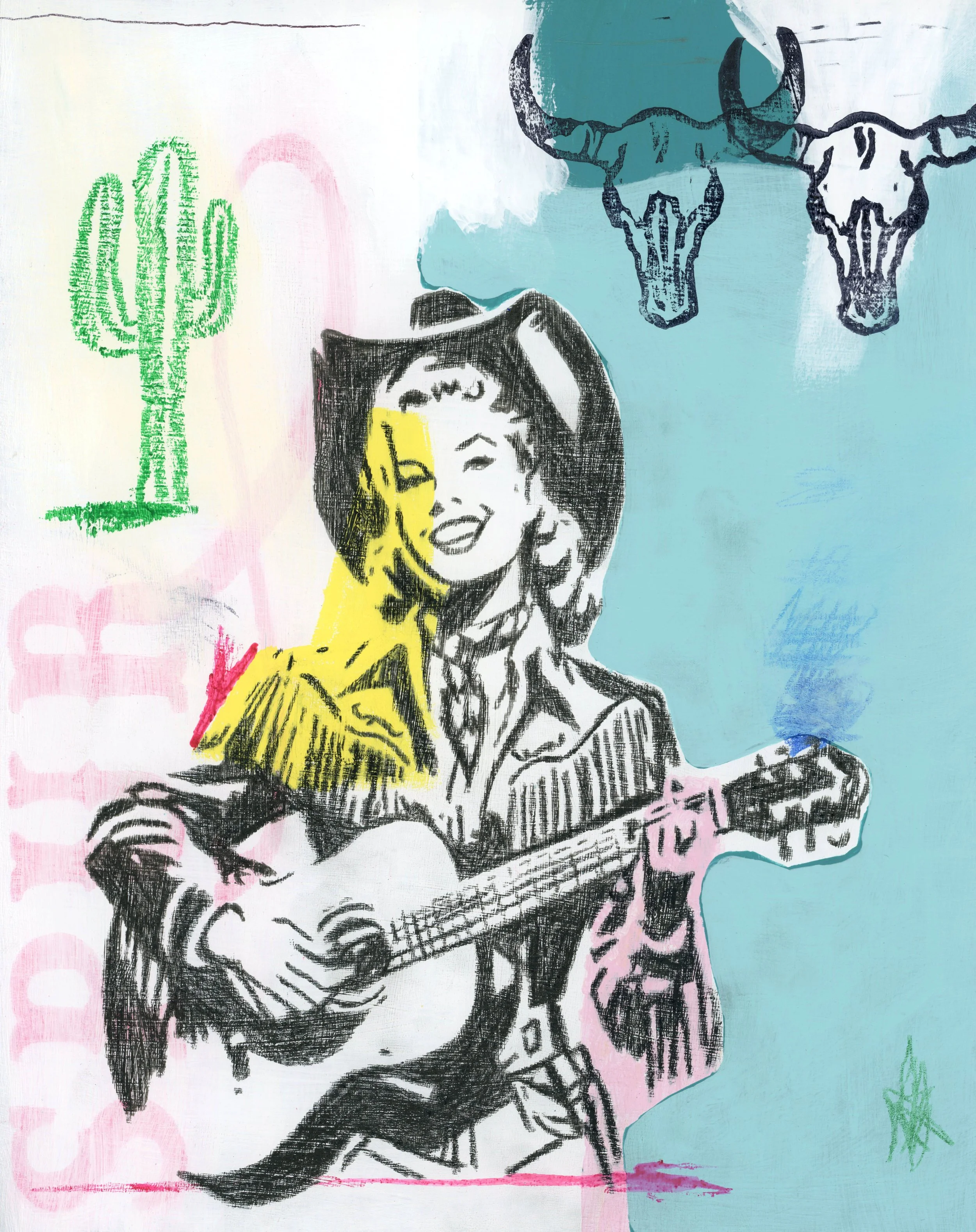 A colored illustration of a woman with dark hair holding a guitar, with a pink and yellow pattern on her face, and a man’s face in a blue background. There is a green cactus on the left and two bull skulls in the upper right.