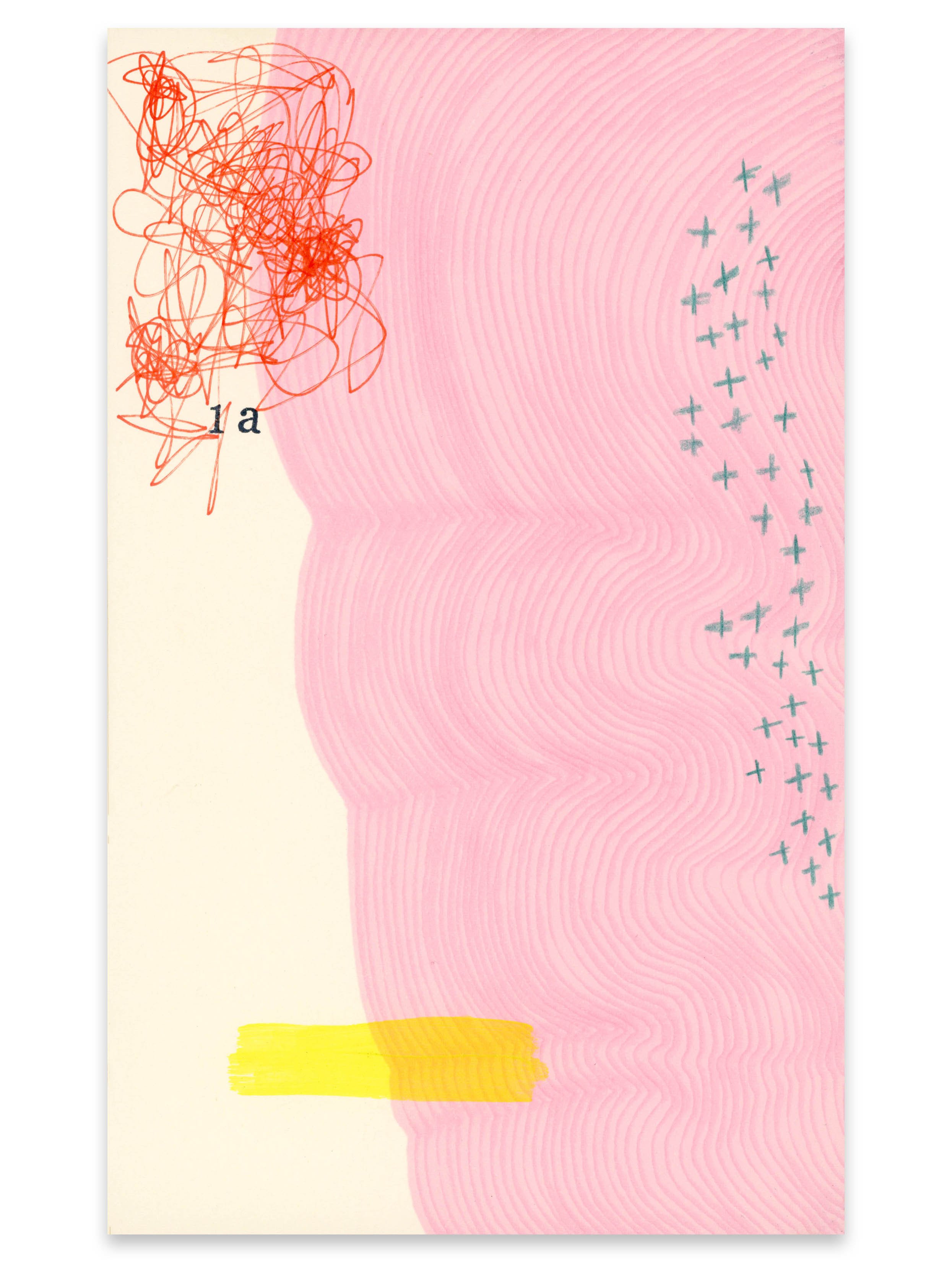 Colorful abstract art with scribbles, plus blue crosses on pink textured background and a yellow highlight near the bottom.