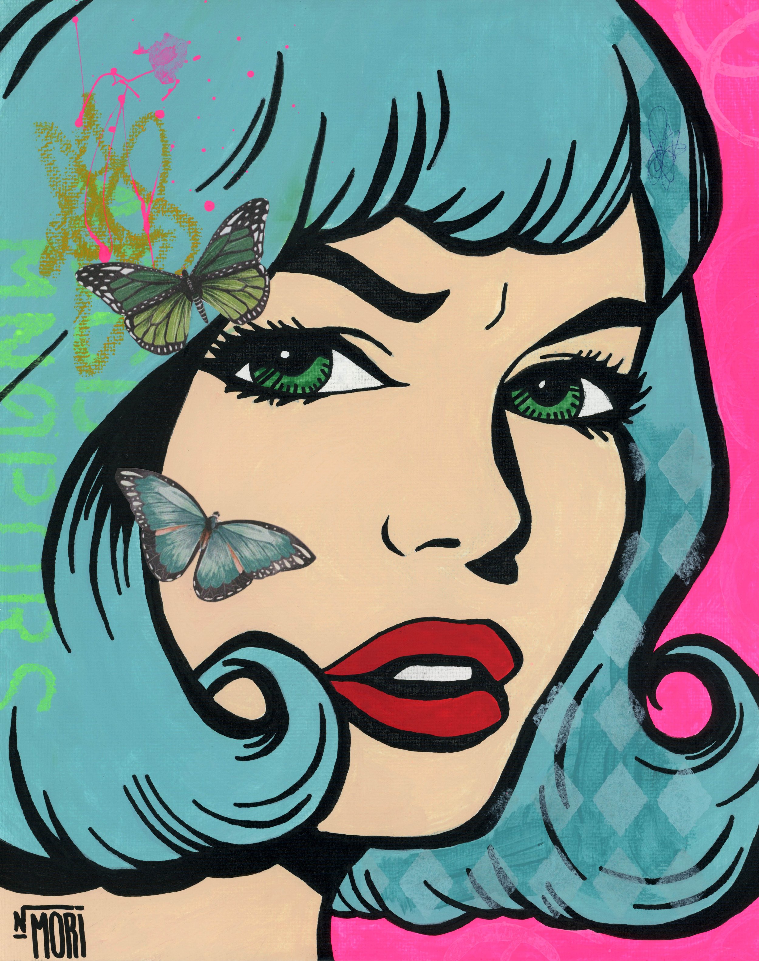 Pop art style illustration of a woman's face with blue hair, green eyes, red lips, and makeup, with two butterflies and colorful abstract background.