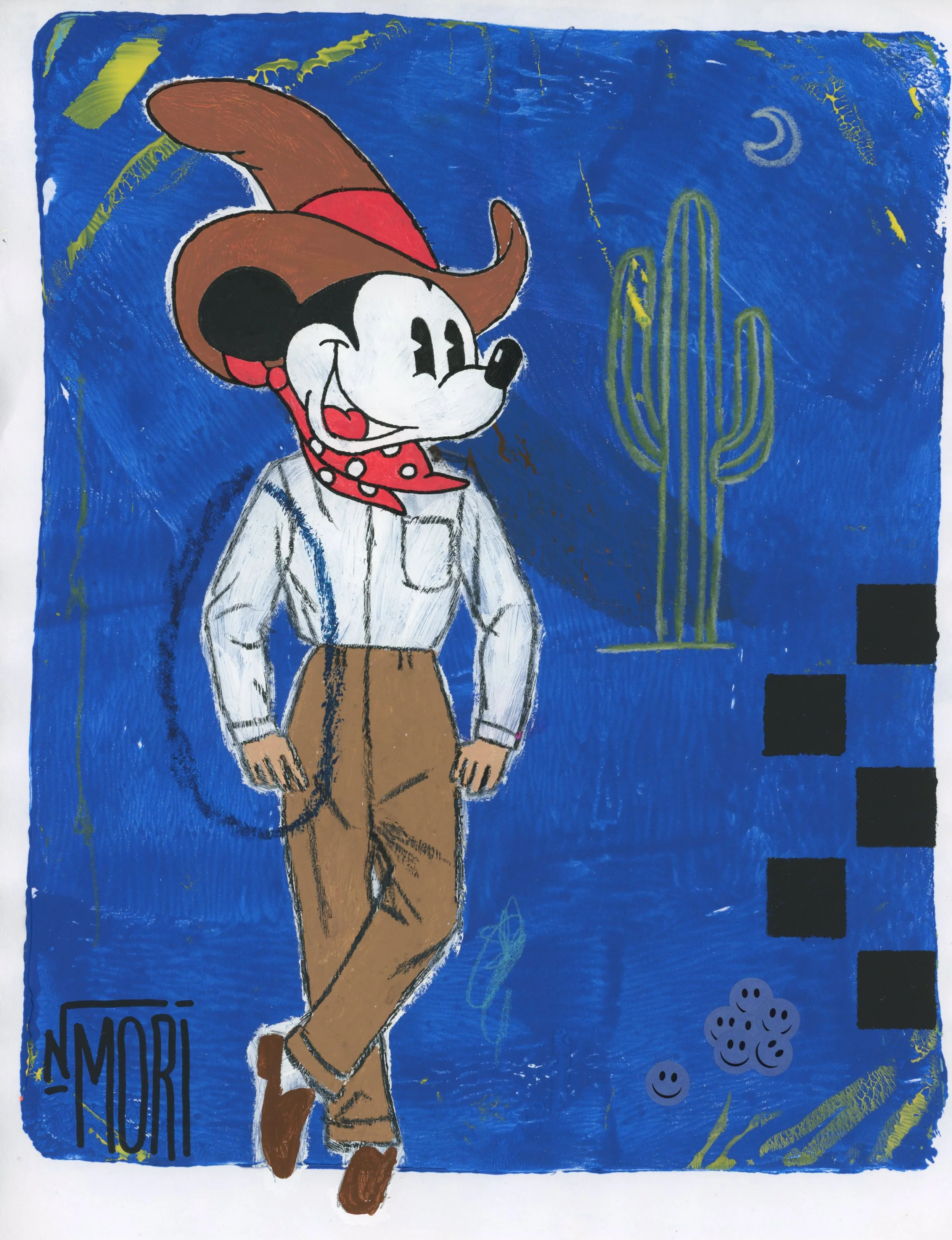 A colorful drawing of Mickey Mouse wearing a cowboy hat, brown pants, and a red bandana with white polka dots, standing against a blue background with yellow accents, cactus illustrations, and the phrase 'Mickey Mouse' in black text in the lower left corner.