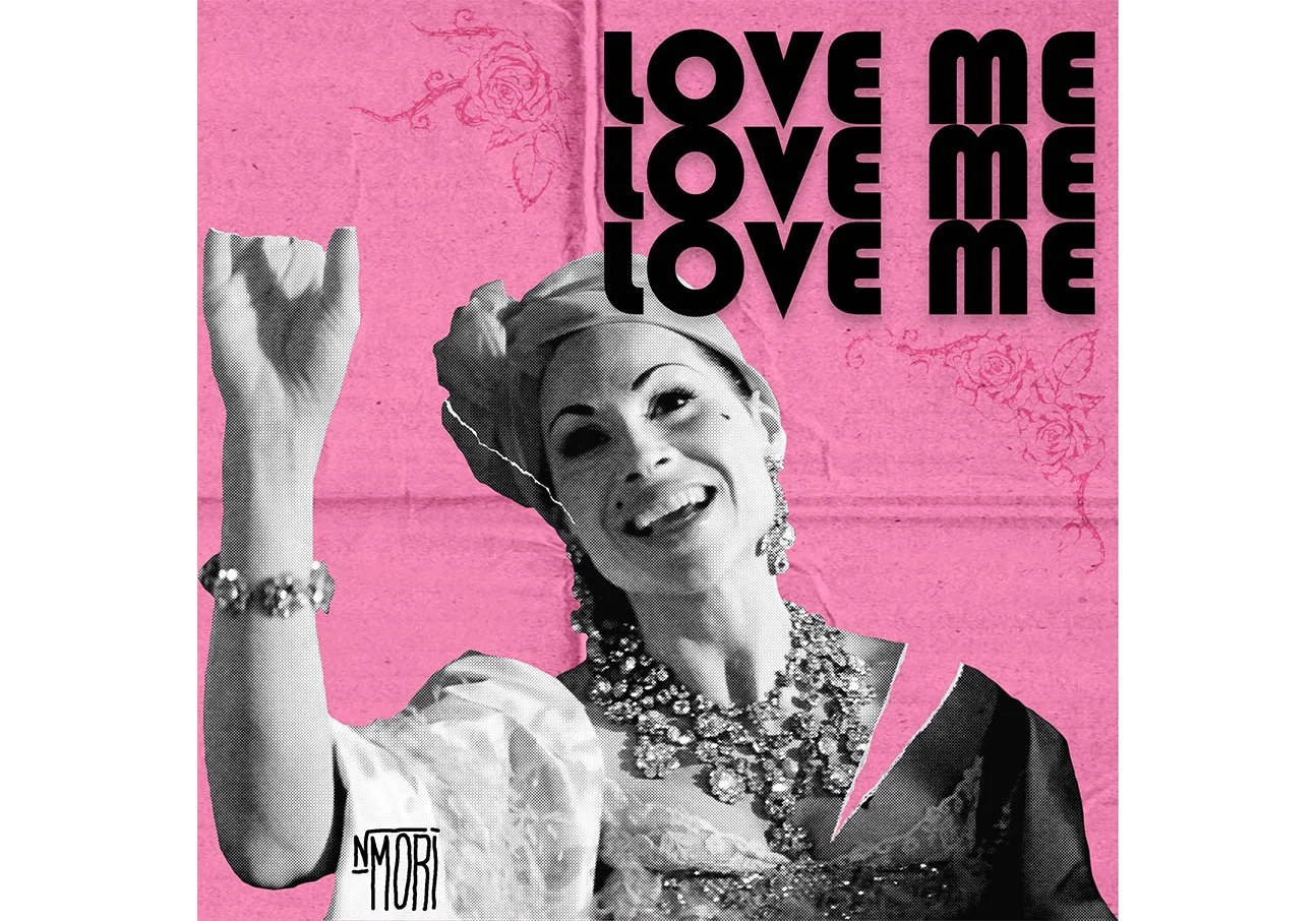 Black and white image of a woman smiling, wearing jewelry and a headscarf, against a pink background with floral designs. The words 'LOVE ME' are repeated three times in bold black letters at the top right corner.