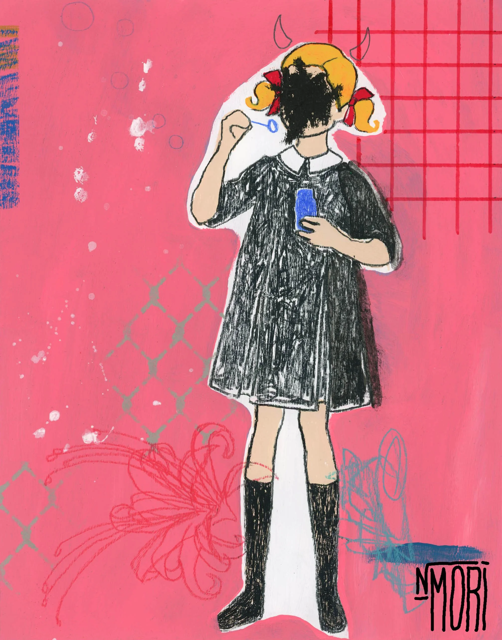 Drawing of a girl in a black dress with yellow hair, blowing bubbles on a bubblegum pink background with grunge patterns with a sketchy flower fading in the background