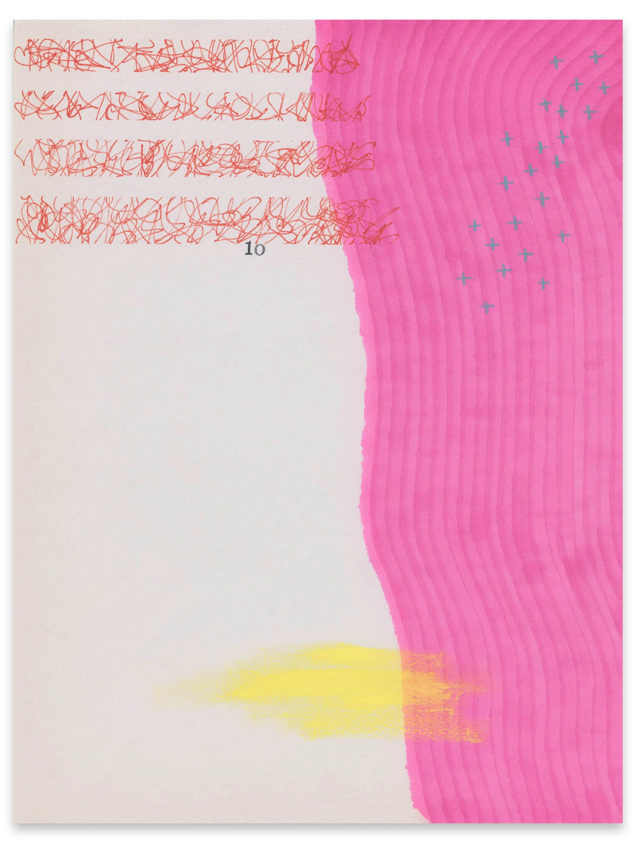 Colorful abstract drawing with pink, yellow, and white sections and scribbles, plus plus signs and a small '10' in black.