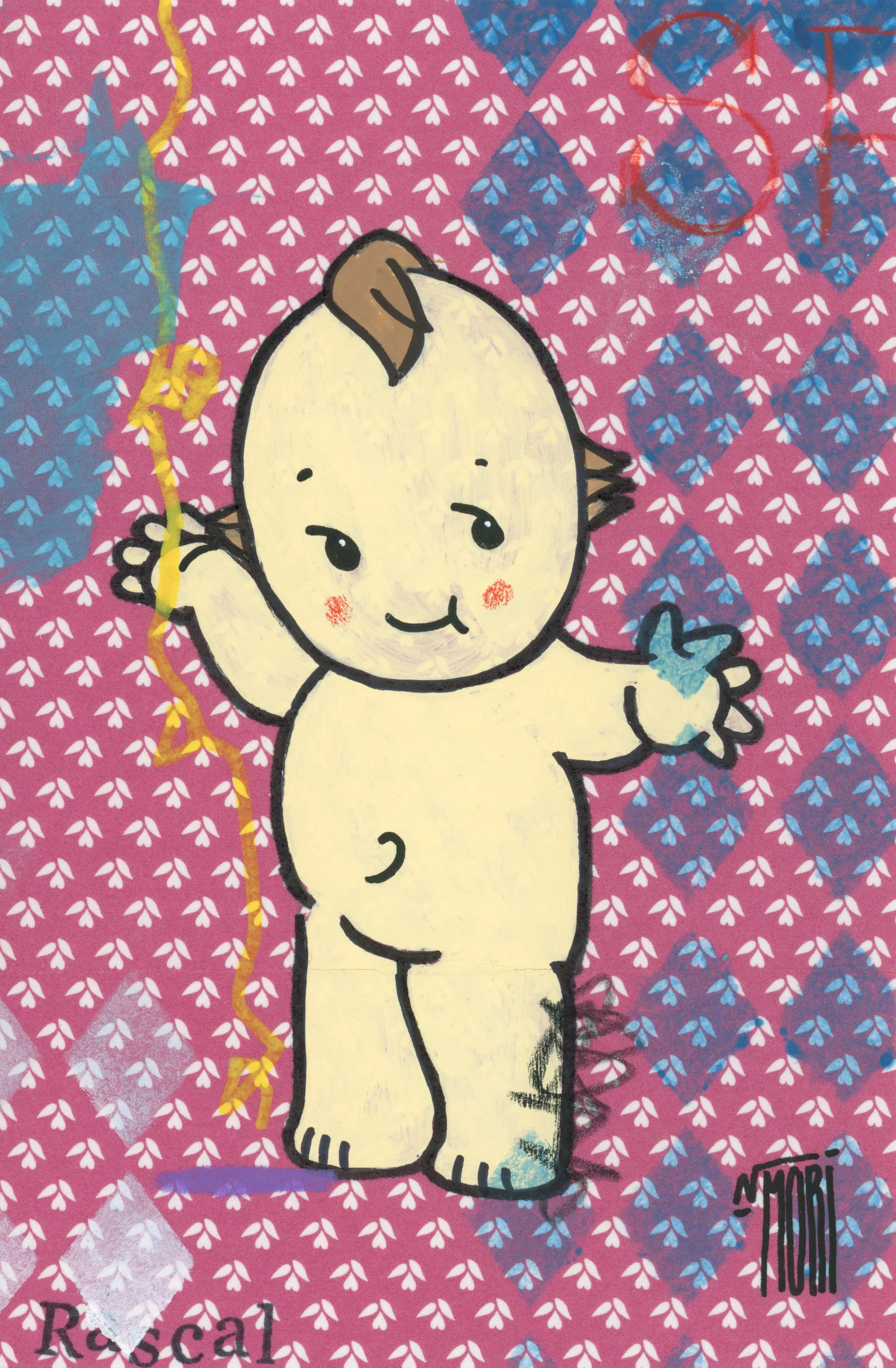 A cute, cartoon-style drawing of a vintage Kewpie Doll with a cream-colored body, brown hair,  standing against a pink and blue patterned background with yellow, blue, and red decorative elements.