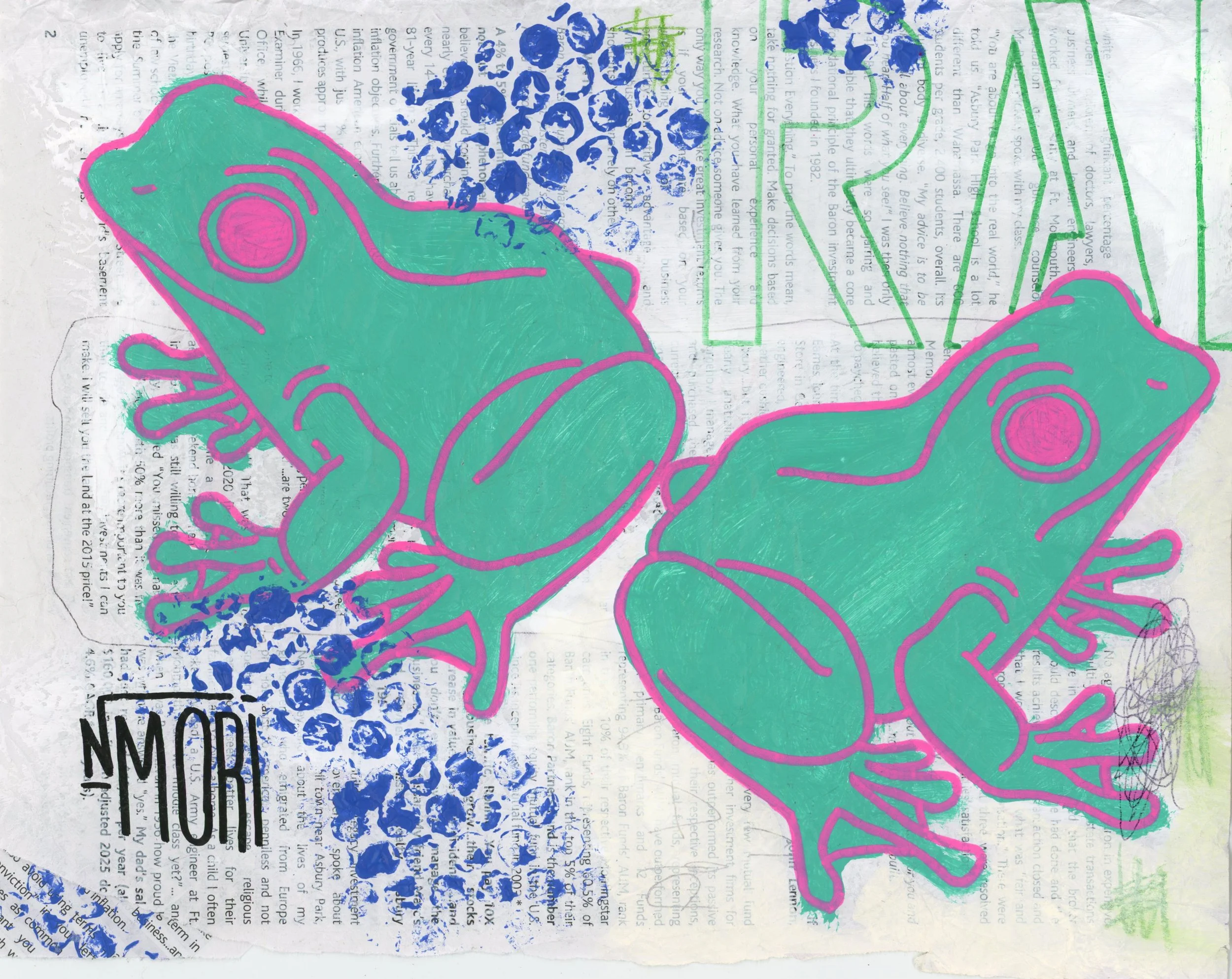 Colorful graffiti art featuring a large turquoise and pink stylized frogs outline, blue bubble-like patterns, and green line drawings over a background of layered text and newspaper clippings.