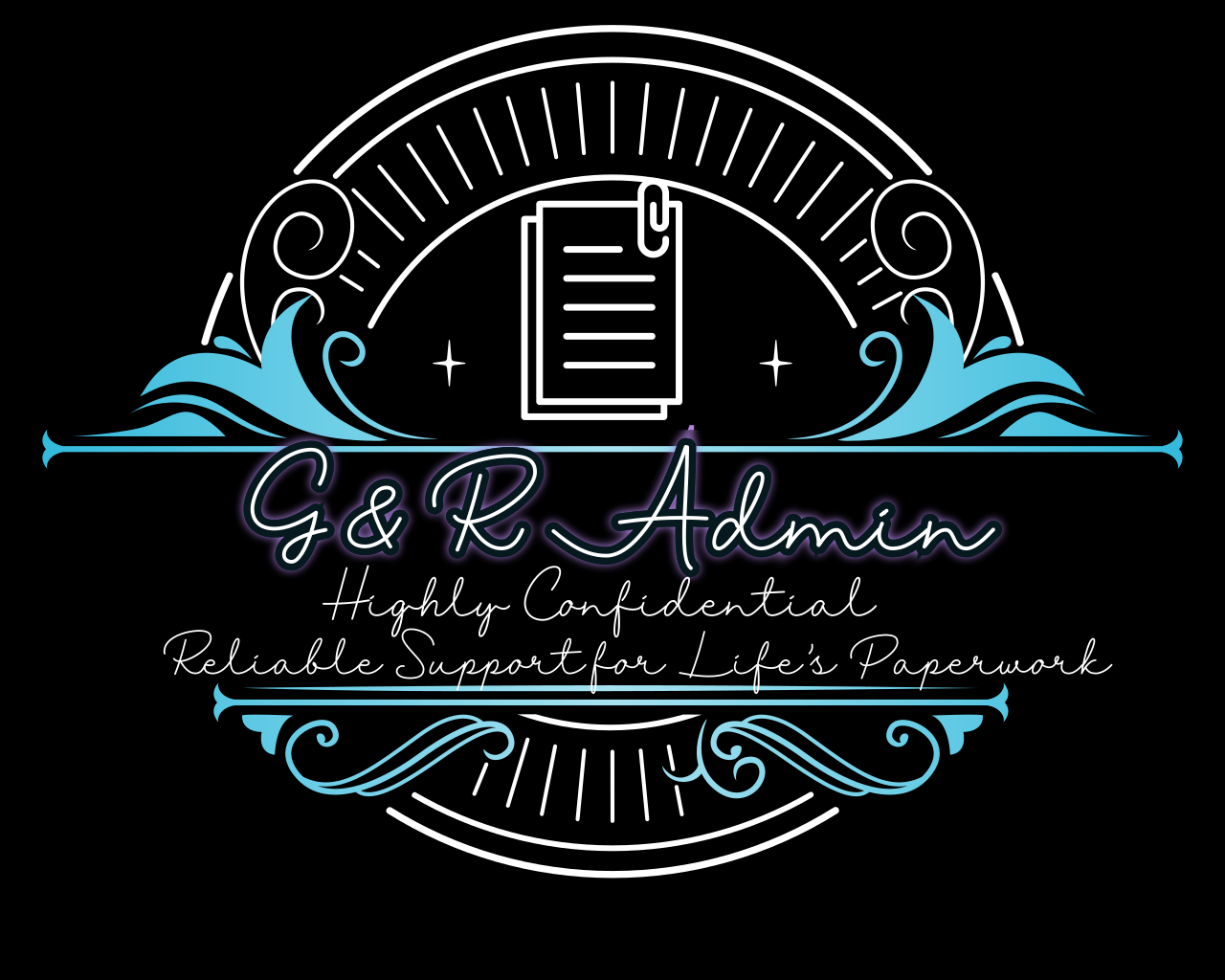Neon-style logo with a paper document and waves, with text 'G & R Admin', 'Highly Confidential', and 'Reliable Support for Life's Paperwork' on a black background.