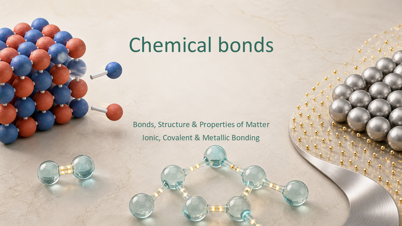 Teaching Efficiently GCSE Chemistry lesson title slide for Chemical Bonds, illustrated with ionic, covalent and metallic bonding.

Currently: