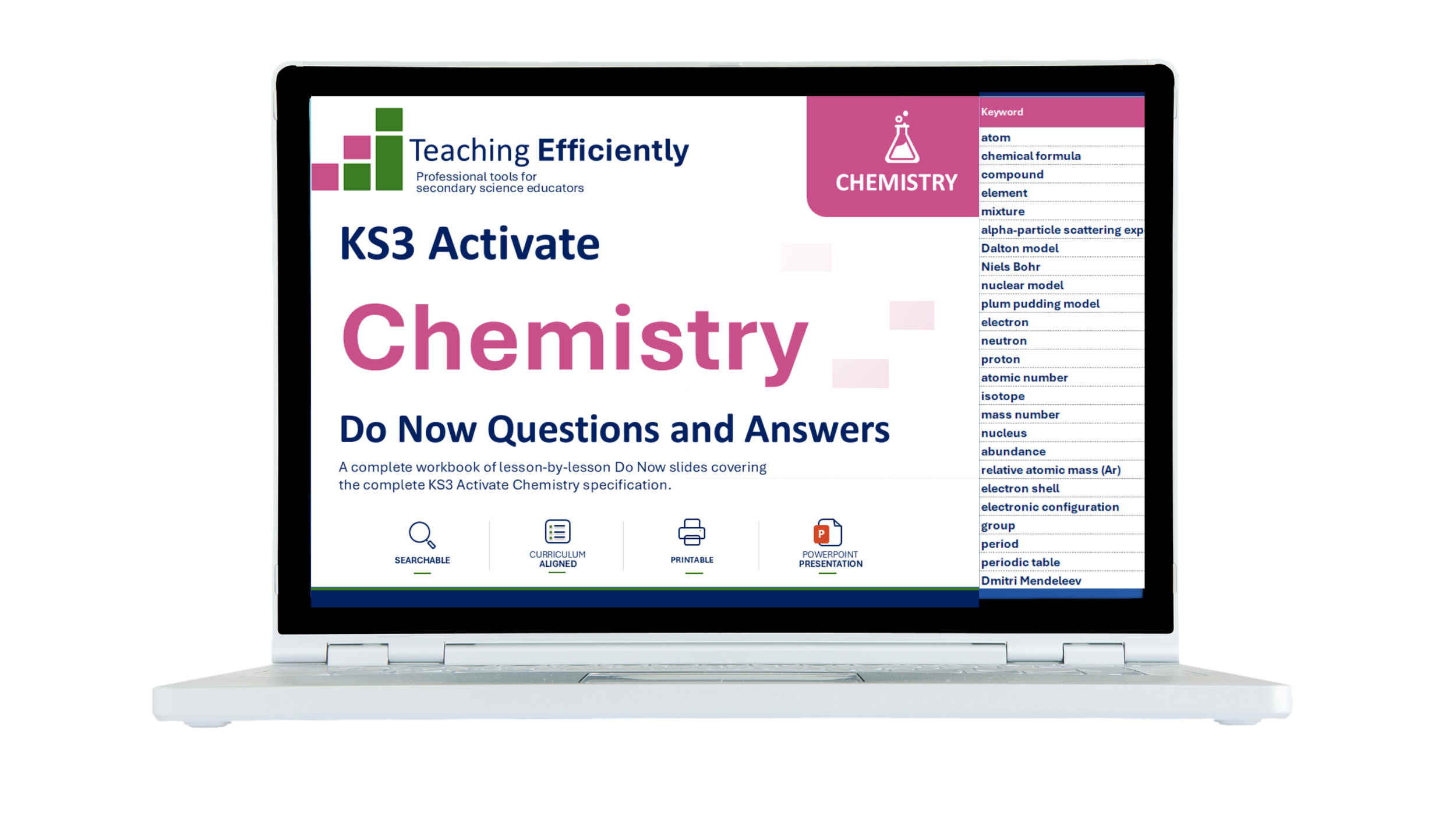 Teaching Efficiently KS3 Activate Chemistry Do Now resource displayed on a laptop, with lesson-by-lesson retrieval questions.