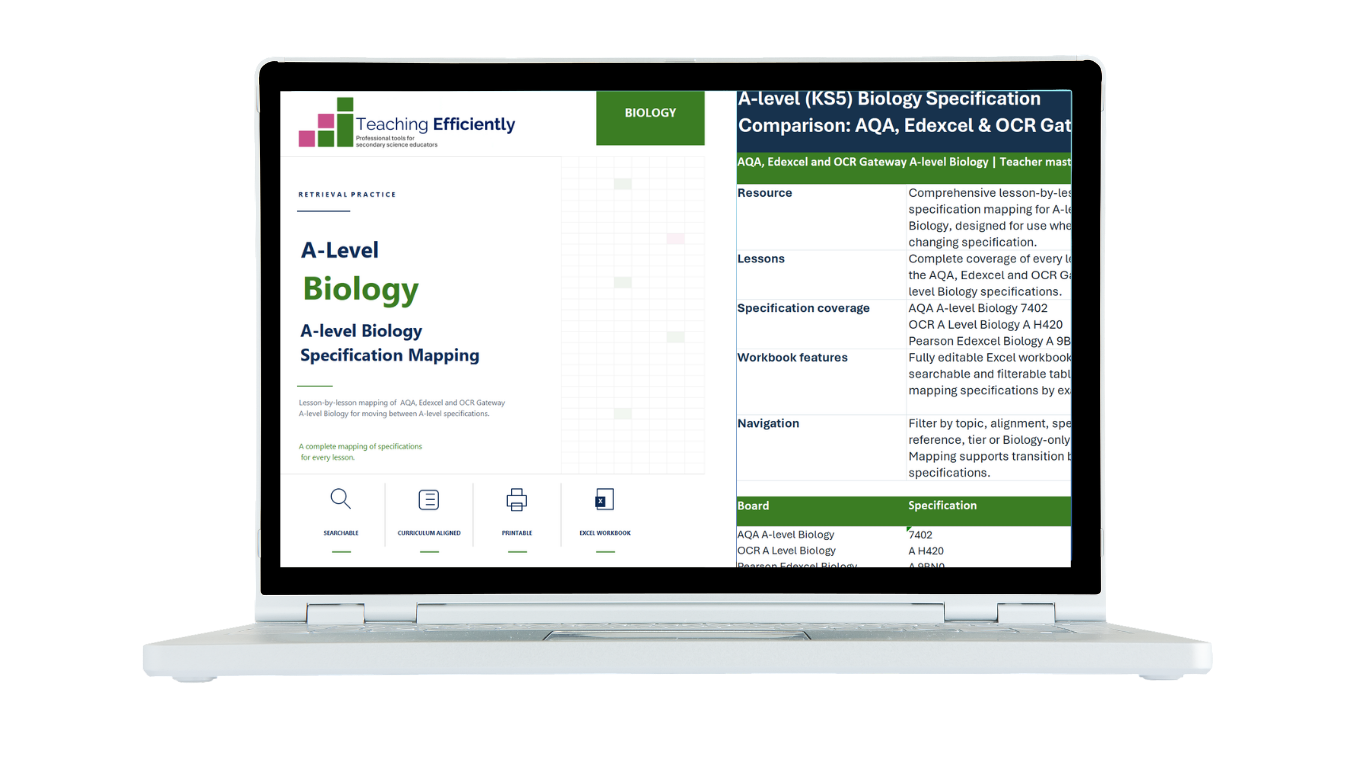 Teaching Efficiently A-Level Biology specification mapping resource displayed on a laptop, showing curriculum-aligned lesson mapping and specification coverage.