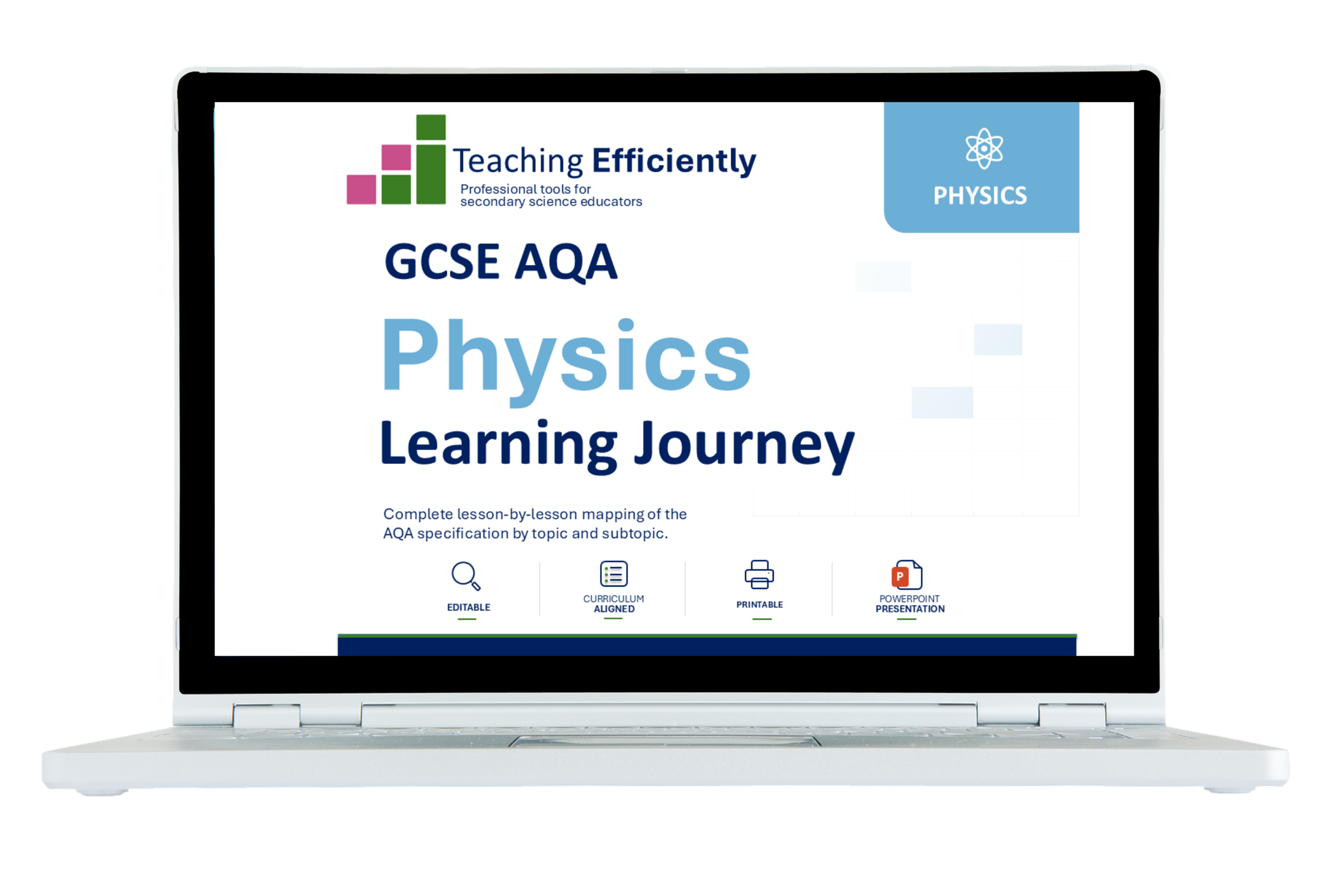 Teaching Efficiently GCSE AQA Physics Learning Journey resource displayed on a laptop.