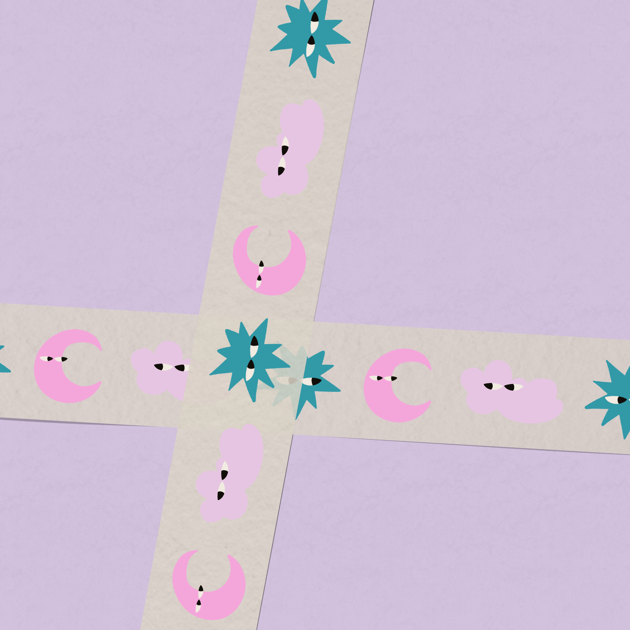 Illustration abstraite avec des formes de visages et de fleurs stylisées en couleurs pastel, telles que rose, bleu et violet, sur un fond neutre.