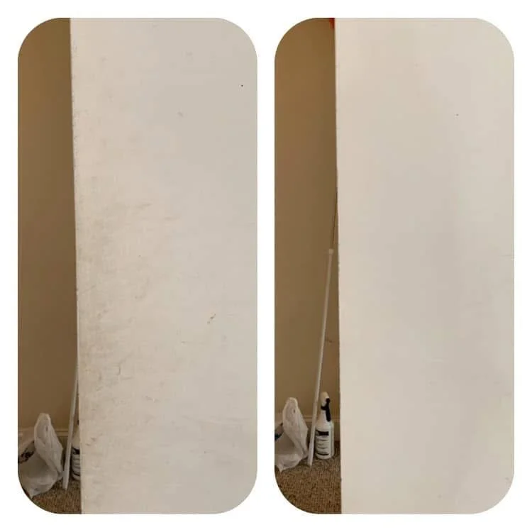 Two side-by-side photos of a tall white-painted panel or door leaning against a wall, with cleaning supplies on the floor.