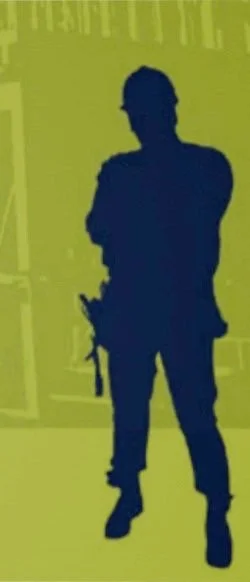 Dark blue silhouette of a standing person against a lime green background