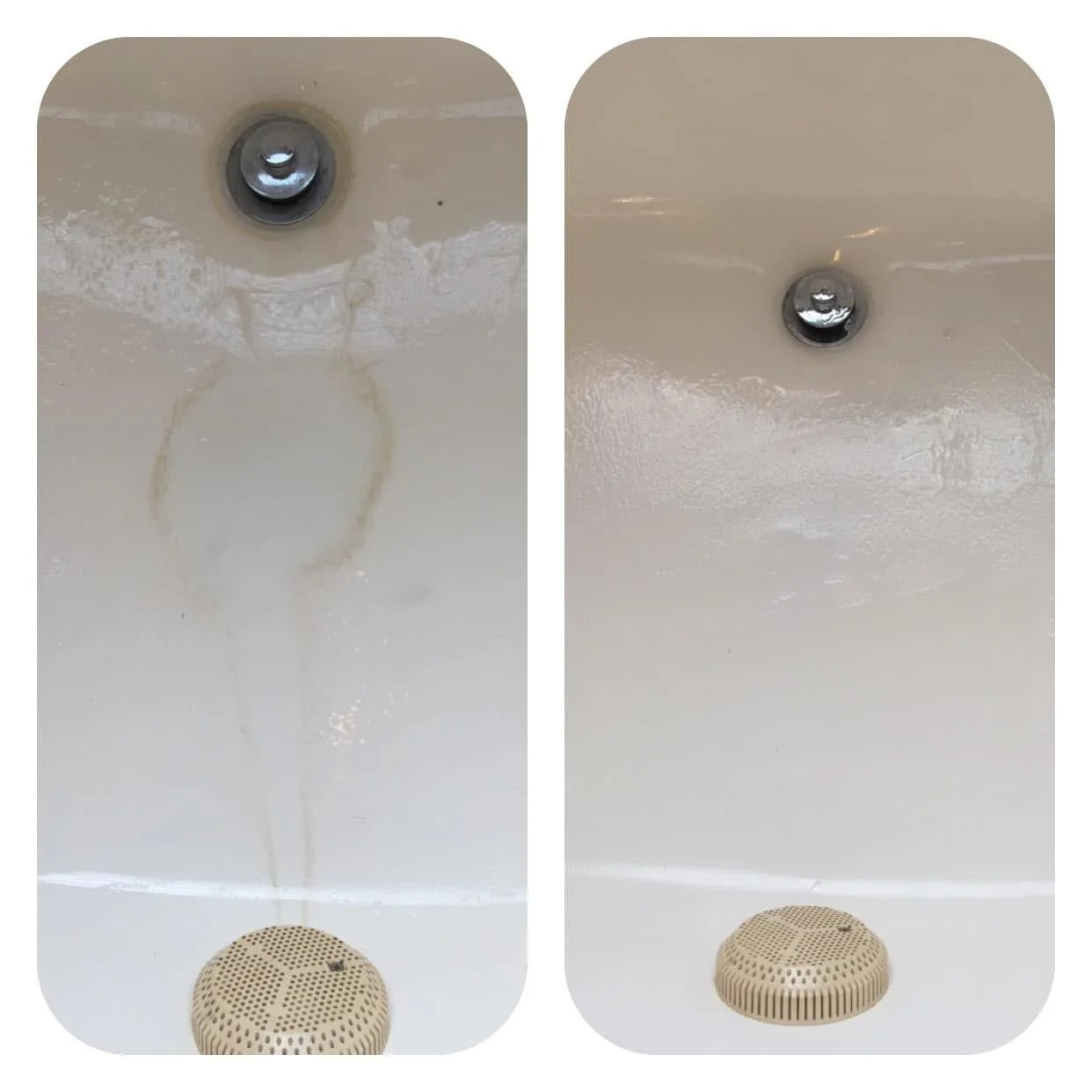 Side-by-side comparison of a stained bathtub before cleaning and a clean bathtub with a drain cover