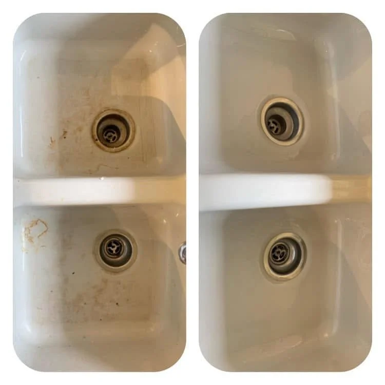Before-and-after comparison of a stained double-basin kitchen sink before and after cleaning