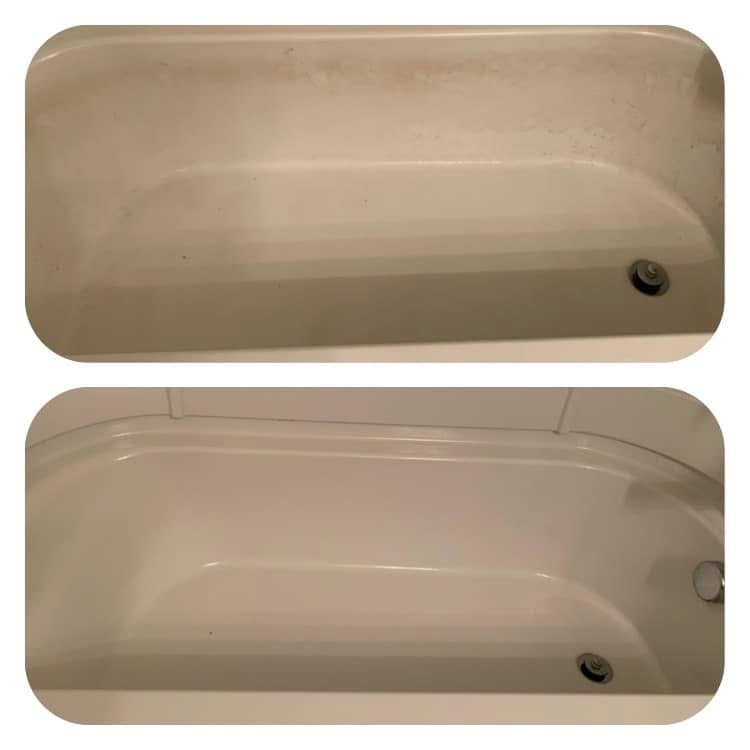 Two views of a beige fiberglass bathtub, showing the exterior panel and interior with drain and overflow opening.
