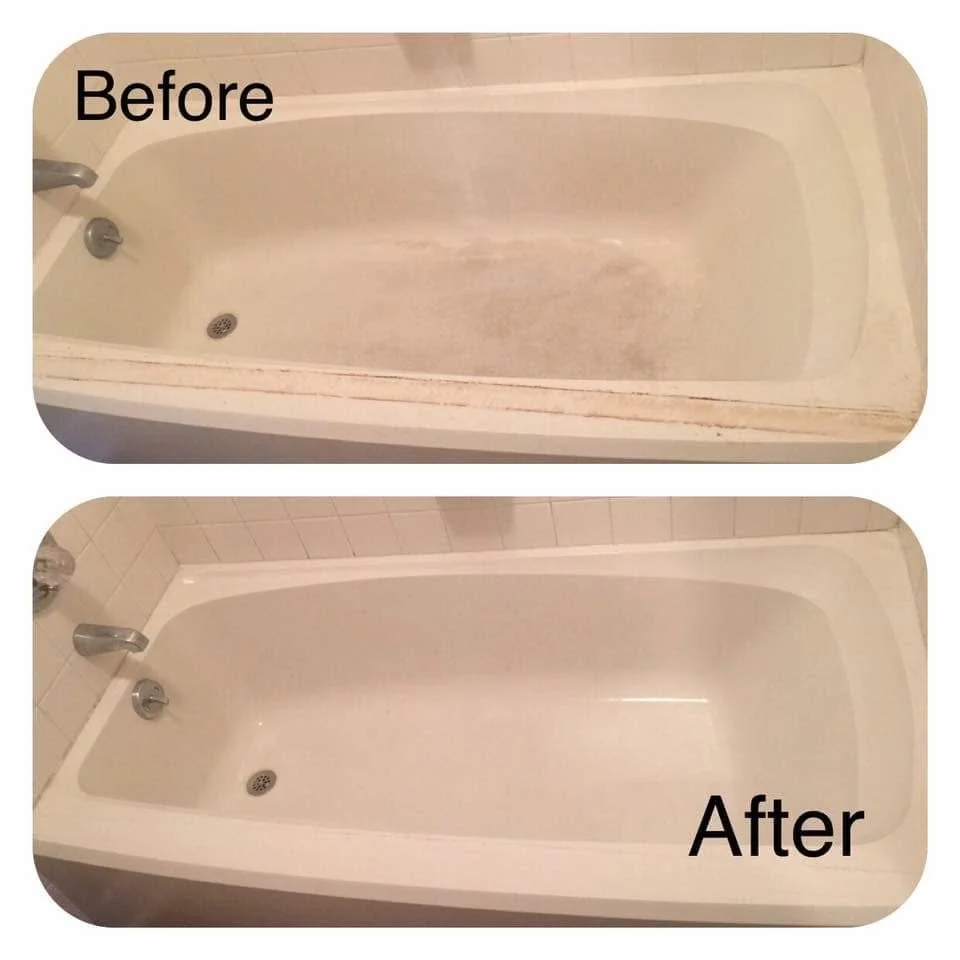 Before-and-after comparison of a stained bathtub before cleaning and a bright, clean bathtub afterward.