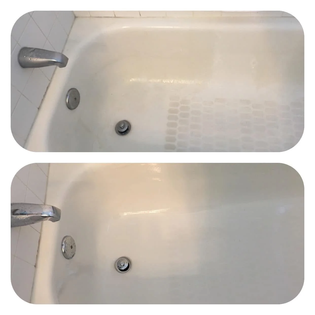 Two views of a white bathtub with a chrome faucet, drain, overflow cover, and textured anti-slip floor pattern.