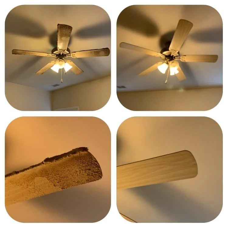Four-panel close-up of a dusty, five-blade ceiling fan with a lit light fixture and worn wooden blades.