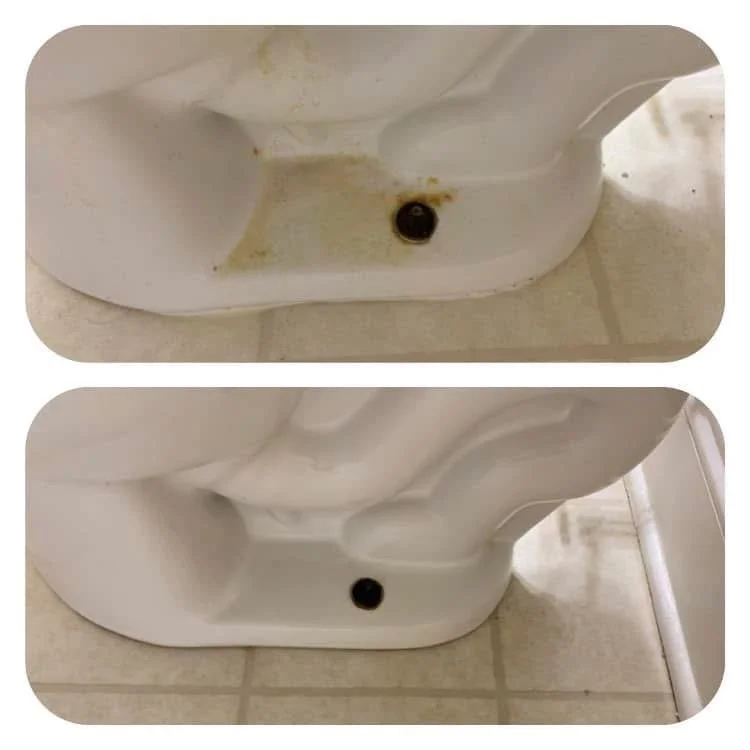 Two close-up views of a stained white toilet base with a black mounting bolt on a tiled bathroom floor.