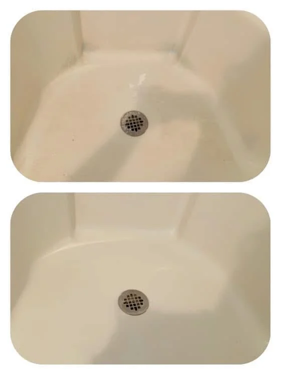 Before-and-after photos of a dirty white bathtub basin with a metal drain and a cleaned bathtub basin.