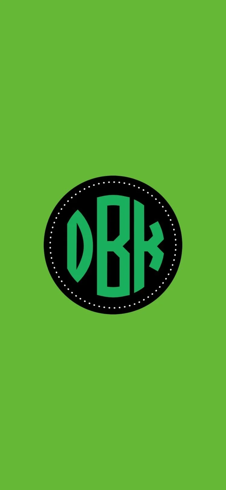 Green and black circular monogram logo on a bright green background