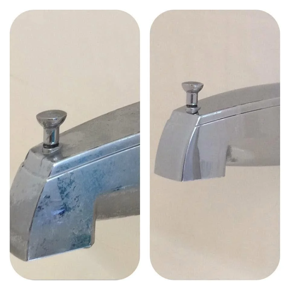 Side-by-side photos of a corroded and cleaned bathtub faucet with a chrome diverter knob