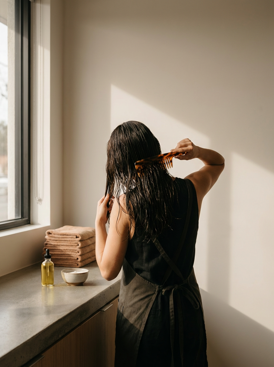 A woman with wet hair brushing it while standing at a bathroom counter. On the counter are a small bowl, a bottle of essential oil, and folded towels near a window.
