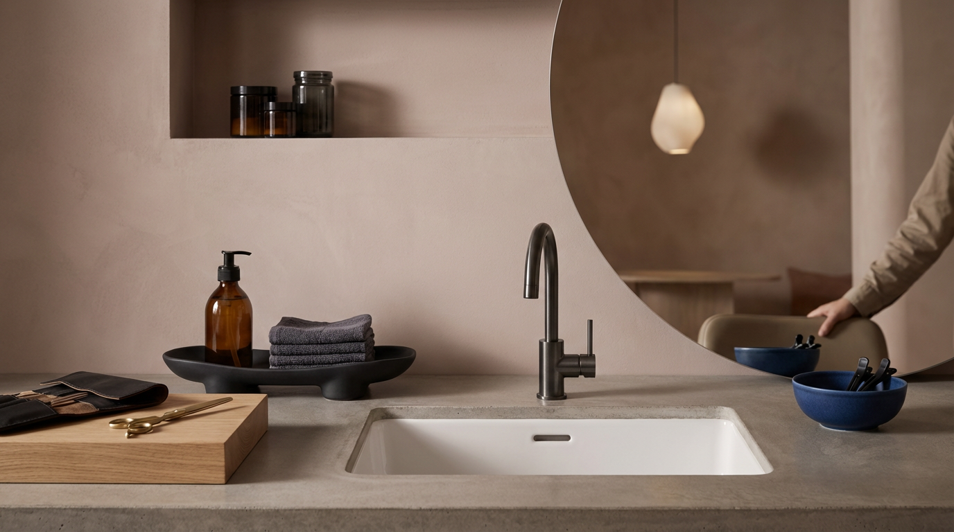 Kitchen countertop with brown soap dispenser, folded grey towels, black tray, wooden box, scissors, sink with modern faucet, blue bowl with black utensils, round mirror, and a person resting their hand on a chair in the background.