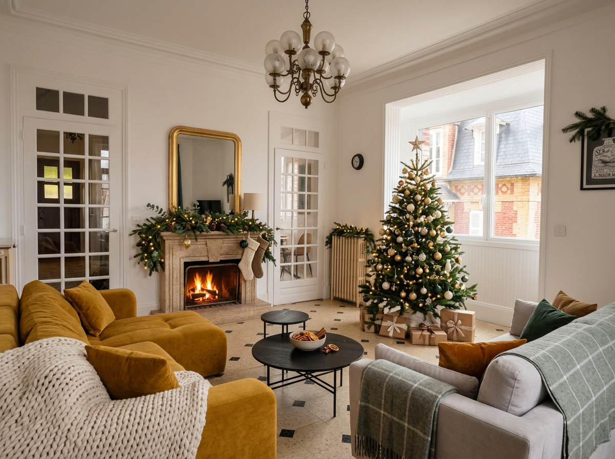 Salon décoré pour Noël avec un sapin orné de boules dorées et argentées, des cadeaux en bas, un feu de cheminée allumé, une guirlande de Noël sur le manteau de la cheminée, un miroir doré, un chandelier suspendu, un fauteuil blanc avec une couverture à carreaux, un canapé orange avec des coussins, une table basse noire avec une cagette de biscuits, une grande fenêtre laissant entrer la lumière.