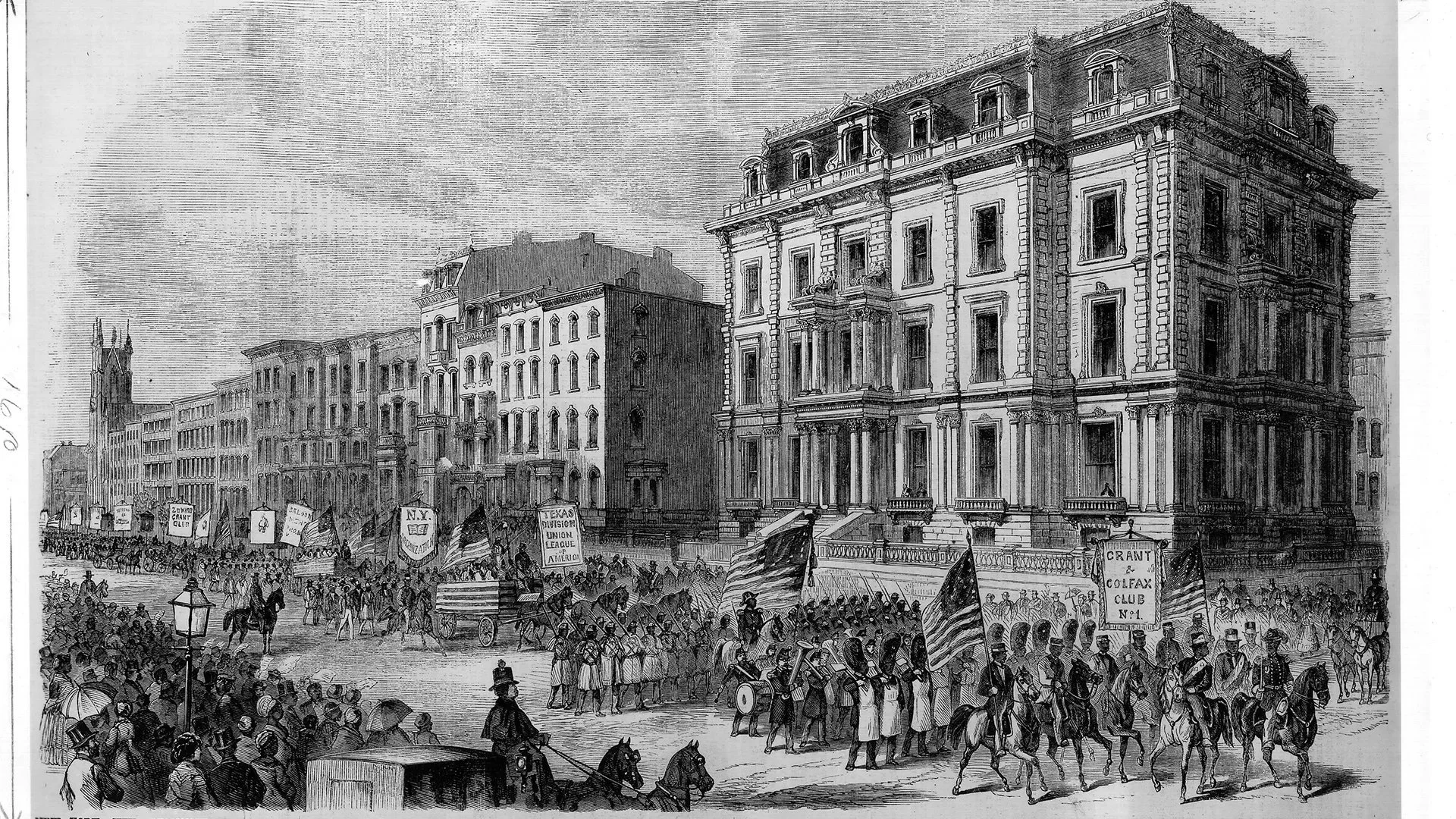 Historical black and white engraving of a large crowd gathered in front of a grand, multi-story building with ornate architecture during a parade or protest, with banners and flags visible.