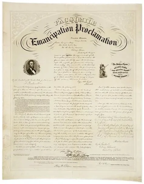 Historical Emancipation Proclamation document with decorative calligraphy, a portrait of Abraham Lincoln, and an illustration of a soldier in uniform.