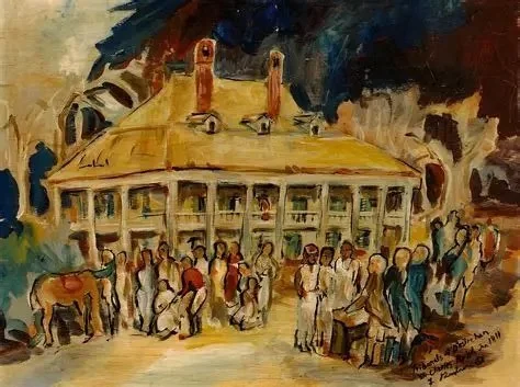 A watercolor painting of a historical building with a crowd of people gathered in front of it, including a horse on the left side.