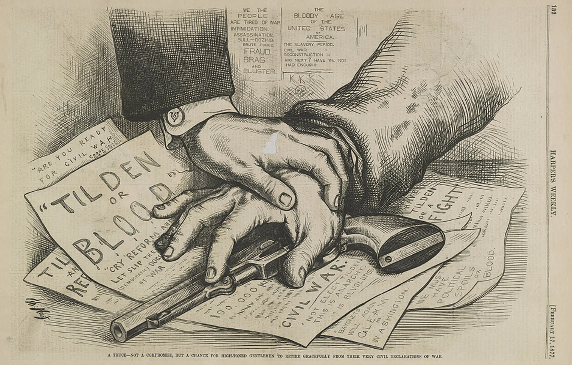 An illustrated drawing of two hands shaking, with documents and a lighter on the table. The documents include a Civil War-era declaration and a pamphlet titled 'Till Demon or Bloody'.
