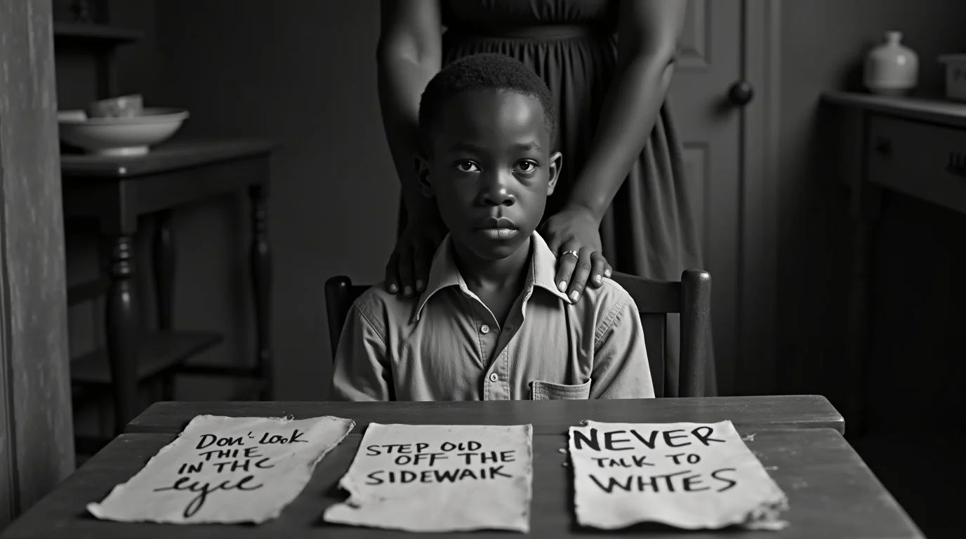 A young Black boy sitting at a table with three handmade signs that read, from left to right: 'Don't look them in the eye,' 'Step out of the sidewalk,' and 'Never talk to whites.' An adult woman stands behind him with her hands on his shoulders. The scene is in black and white.
