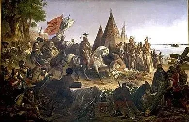 A historical painting depicting Native Americans and soldiers near a tipi, with soldiers on horseback and Native Americans gathered nearby, possibly during a battle or negotiation.