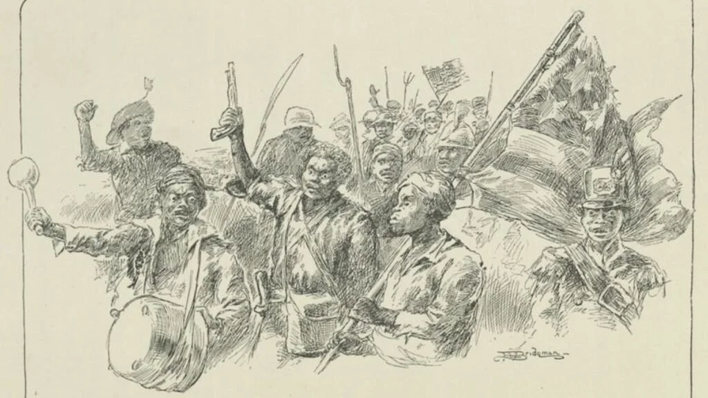 A sketch of African American men and women celebrating, holding American flags and musical instruments.