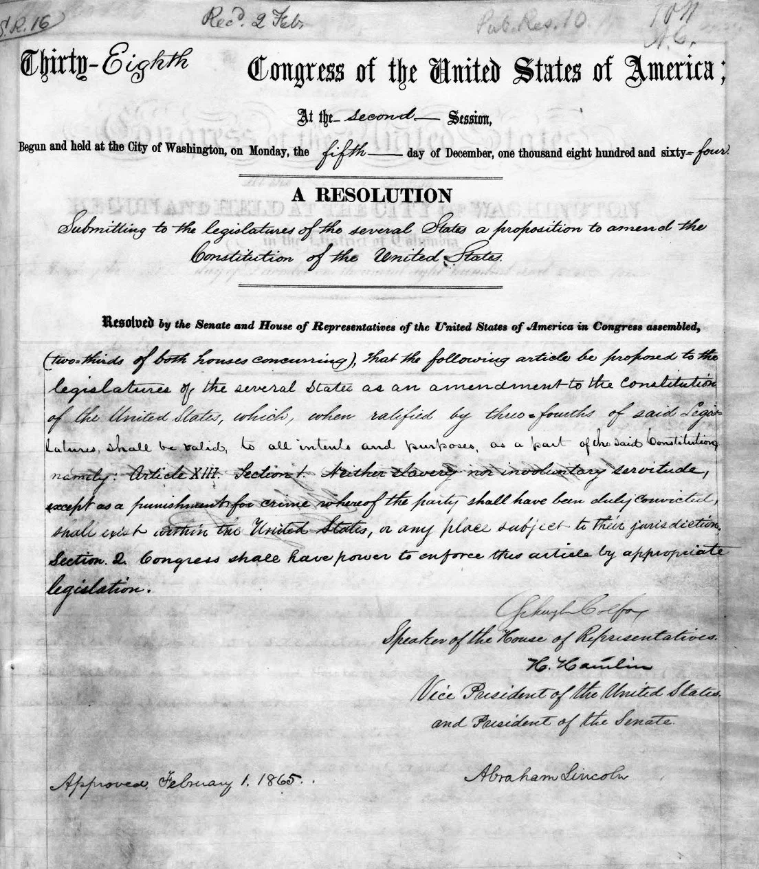 Historical document from the 38th Congress of the United States, dated December 5, 1864, proposing an amendment to the U.S. Constitution. Signed by Abraham Lincoln, with signatures of Henry Clay and T. C. Hamilin.