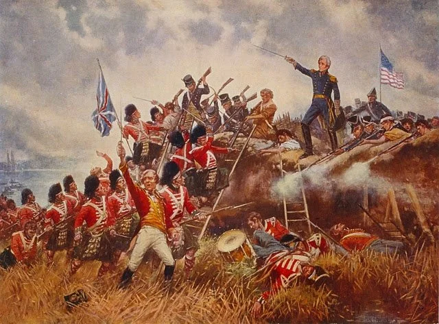 Painting depicting a battle scene from the American Revolutionary War, with soldiers in red coats attacking from a hill, and a commanding officer pointing a sword from the top, with American flags visible.