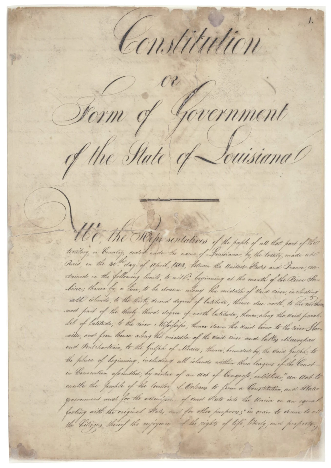 Historical handwritten document titled 'Constitution of the Form of Government of the State of Louisiana'.
