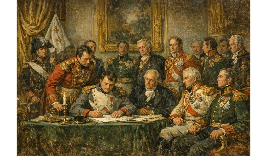 A historical painting depicting a group of military leaders and officials in a formal room, gathered around a central figure signing a document.