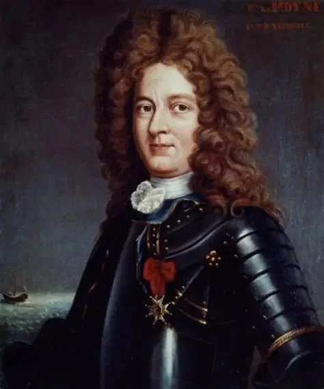 Portrait of a man from a historical painting, wearing armor and a medal, with long curly hair, standing near a body of water with a small boat in the distance.