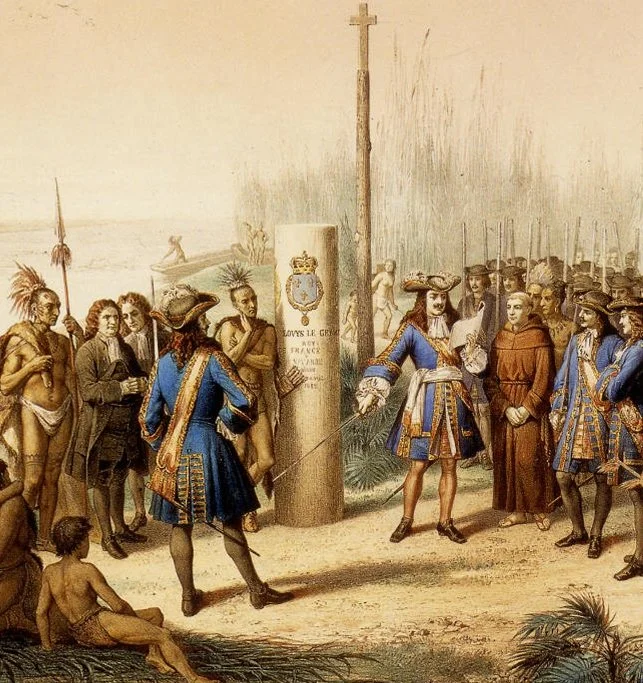 Historical painting depicting European explorers or soldiers in colorful uniforms interacting with Indigenous people, with a forest and river in the background.
