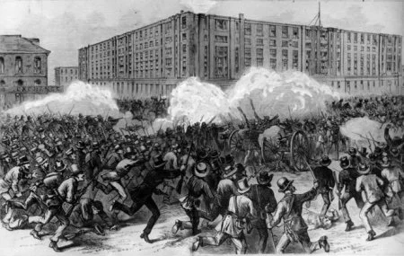 A historical black-and-white illustration of a large protest or riot with people running and throwing objects, with buildings in the background.
